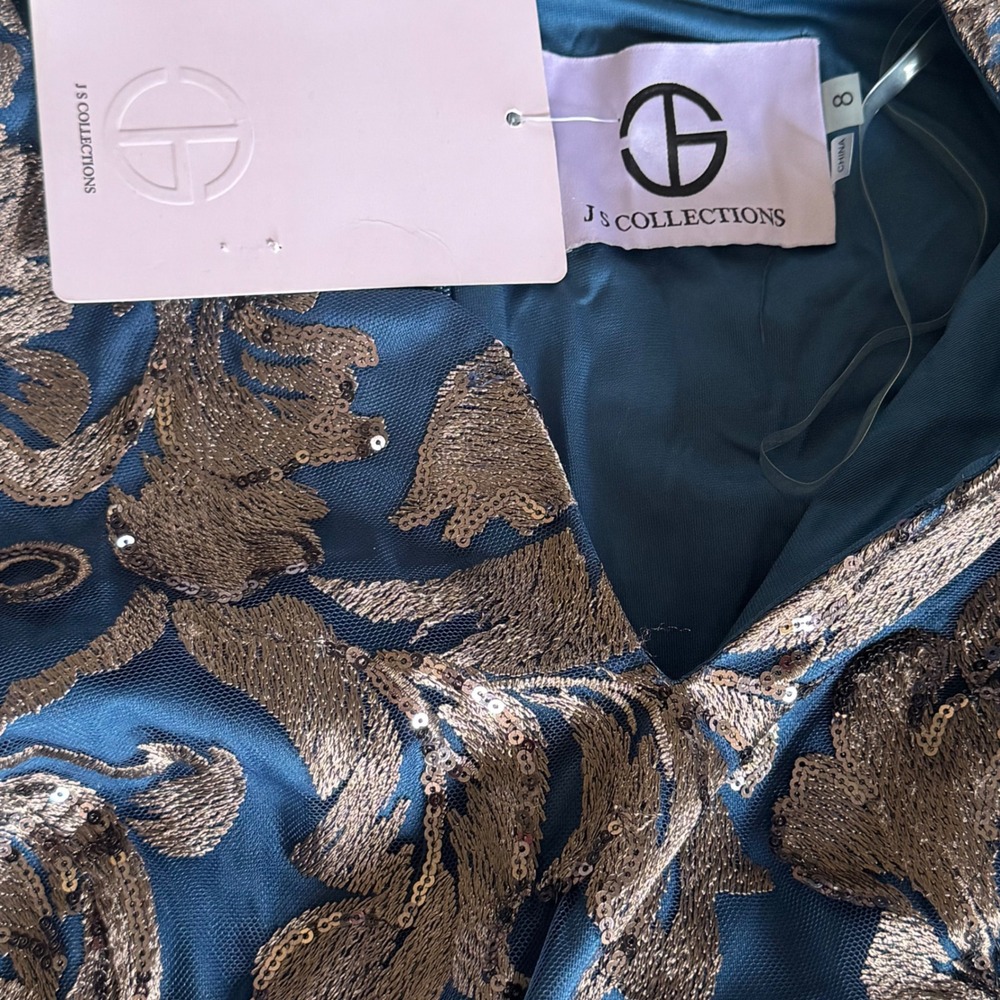 NWT JS Collections Metallic Brocade Sequin Dress Size 8 Teal Blue Gold Cocktail - Picture 6 of 9